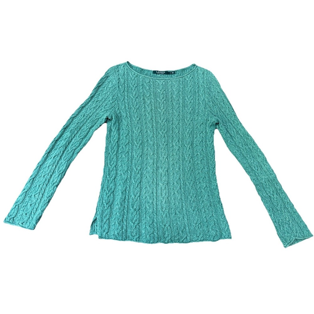 Lauren Ralph Lauren Women's Size M Green Round Neck Cable Knit Sweater